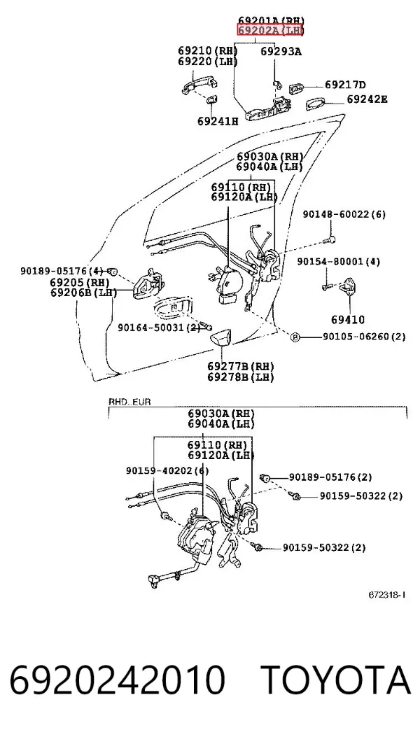 Soporte de manija exterior de puerta delantera izquierda 6920242010 Toyota