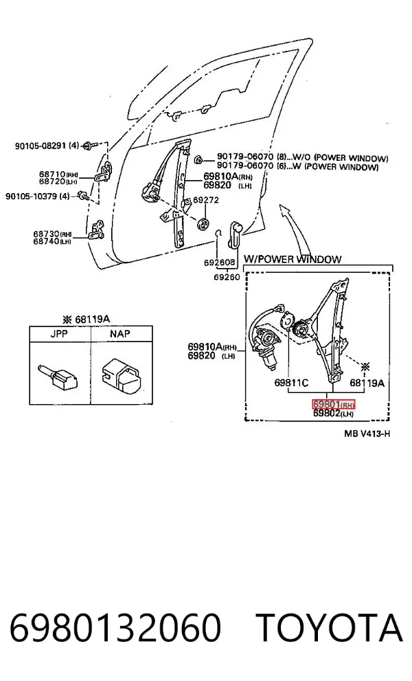 Mecanismo de elevalunas delantero derecha 6980132060 Toyota
