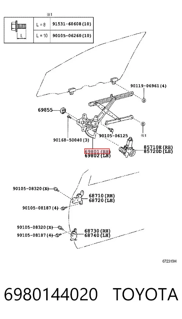 Mecanismo de elevalunas delantero derecha 6980144020 Toyota