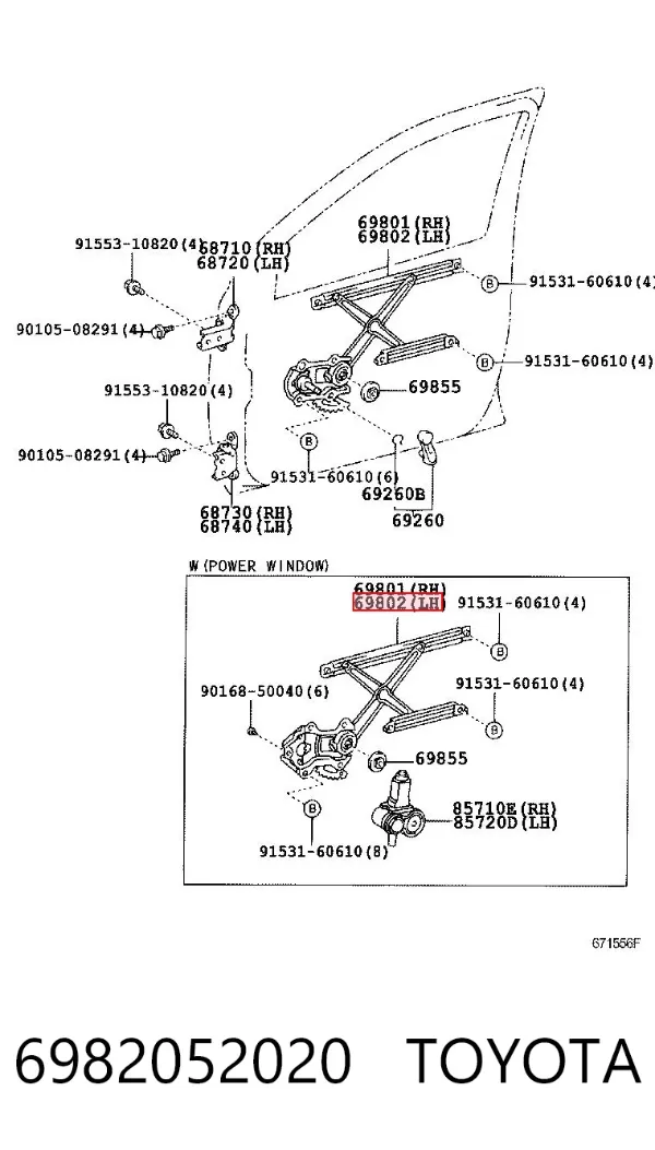 Mecanismo de elevalunas delantero izquierdo 6982052020 Toyota