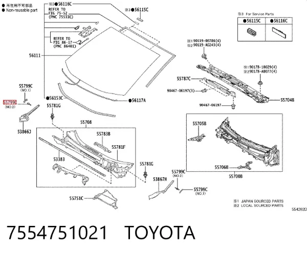 Clip de fijación de moldura de parabrisas 7554751021 Toyota