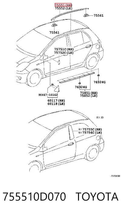 Moldura de techo derecha TOYOTA 755510D070