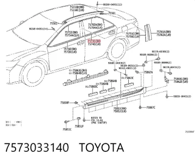 Moldura de cristal de la puerta trasera derecha TOYOTA 7573033140