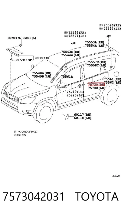Moldura de cristal de la puerta trasera derecha TOYOTA 7573042031