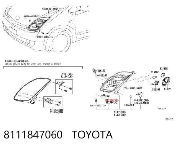 Soporte de fijación del faro delantero derecho 8111847060 Toyota