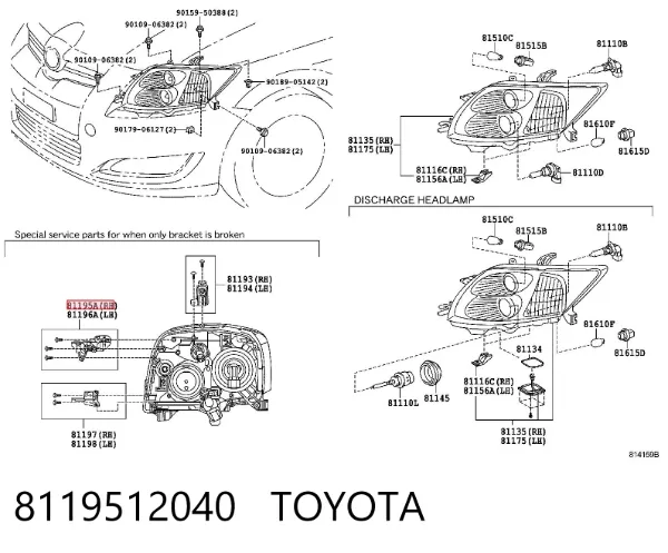 Soporte de fijación del faro delantero derecho 8119512040 Toyota