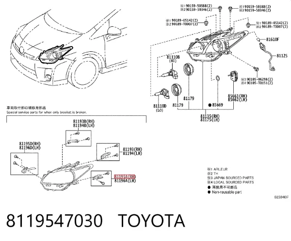 Soporte de fijación del faro delantero derecho 8119547030 Toyota