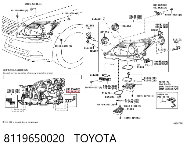 Soporte de fijación del faro delantero izquierdo 8119650020 Toyota