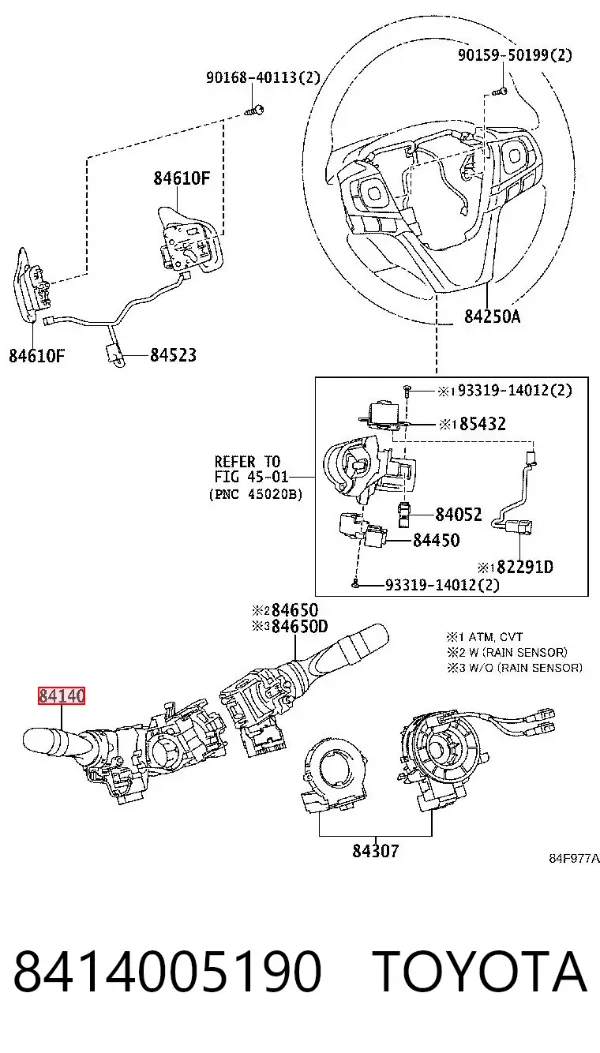 Conmutador izquierdo de la columna de dirección 8414005190 Toyota