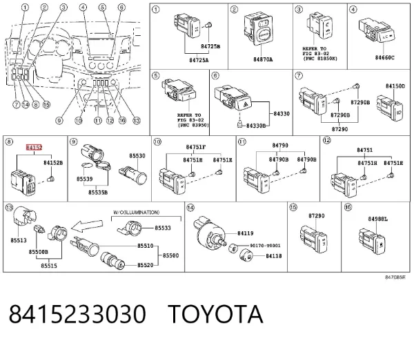 Botón del regulador de altura de faros 8415233030 Toyota