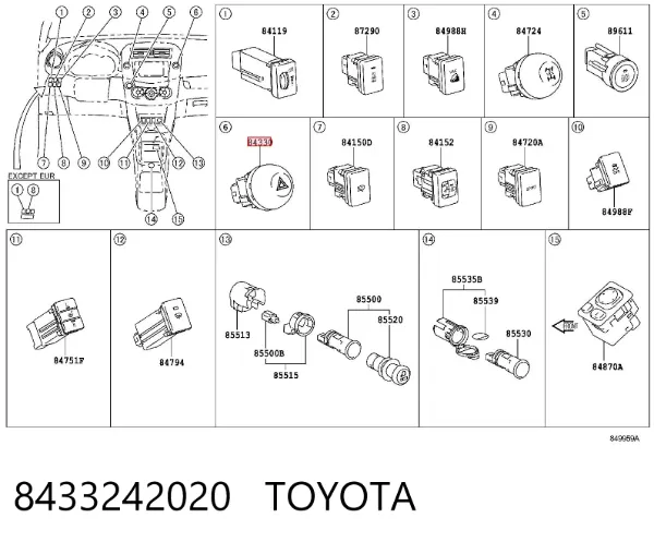 Boton de luz de emergencía 8433242020 Toyota