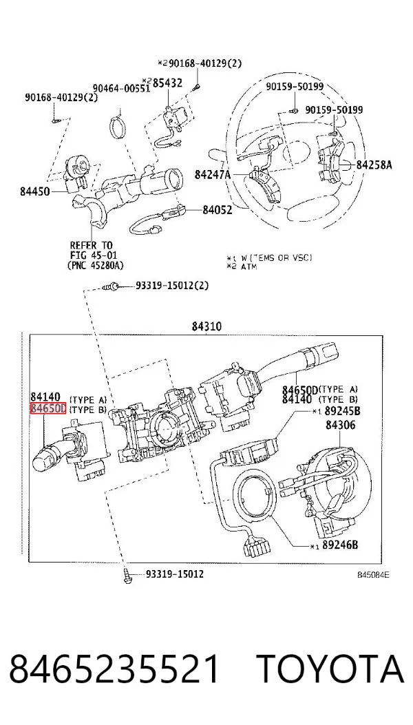 Conmutador derecho de la columna de dirección 8465235521 Toyota