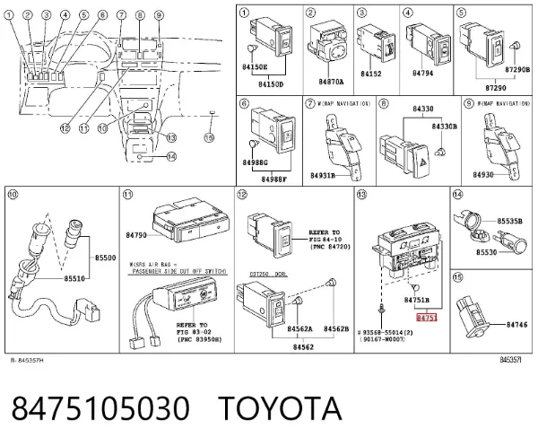 Botón de encendido de calefacción del asiento 8475105030 Toyota