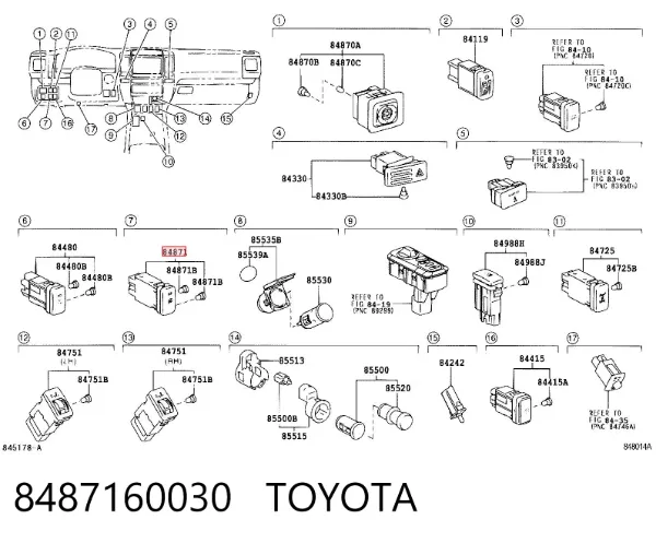 Botón de encendido del calefactor de los espejos retrovisores 8487160030 Toyota