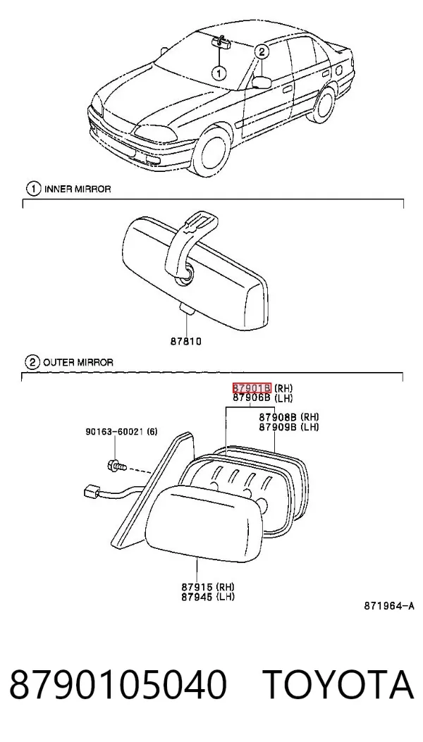 Espejo de retrovisor derecho 8790105040 Toyota