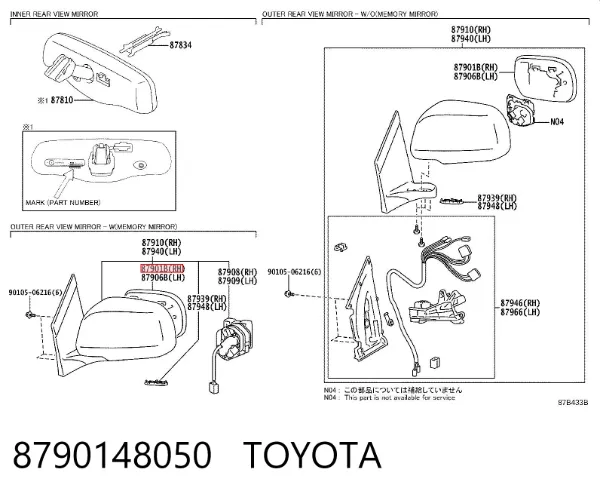 Cristal de espejo retrovisor derecho 8790148050 Toyota