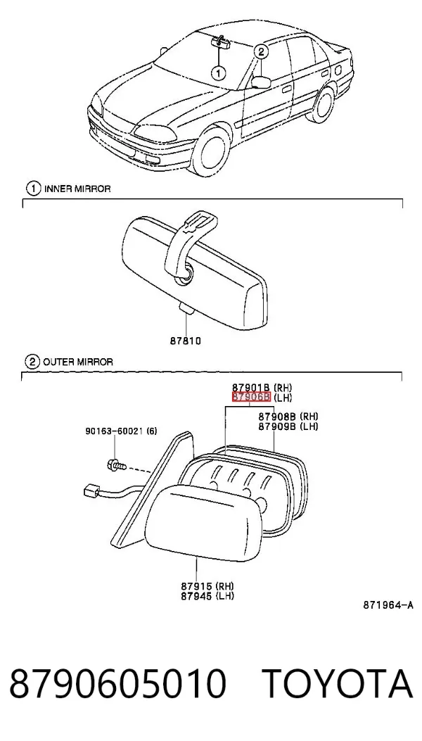 Espejo de retrovisor izquierdo 8790605010 Toyota