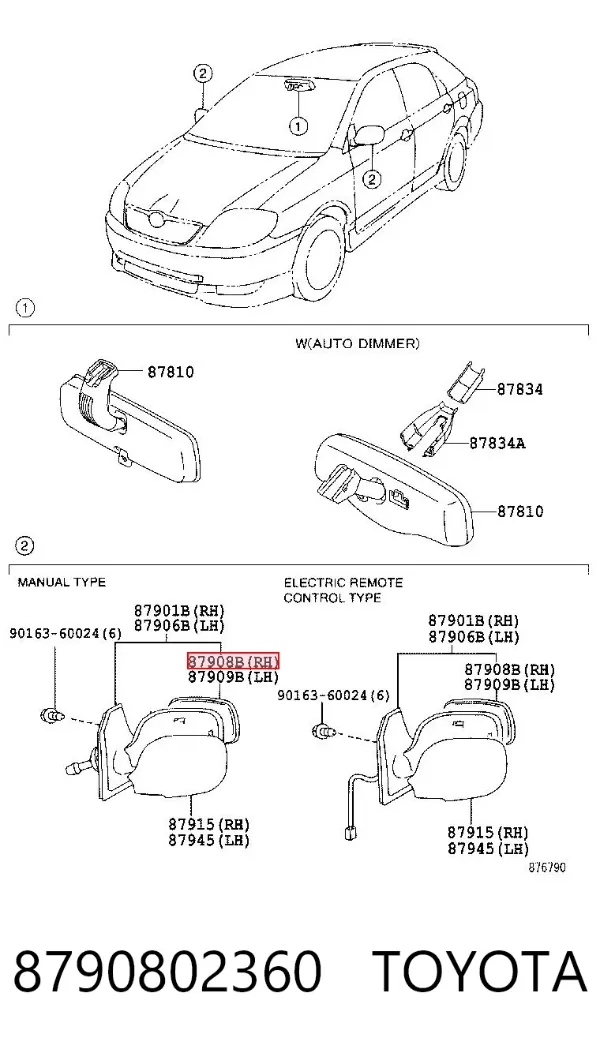Cristal de espejo retrovisor derecho 8790802360 Toyota