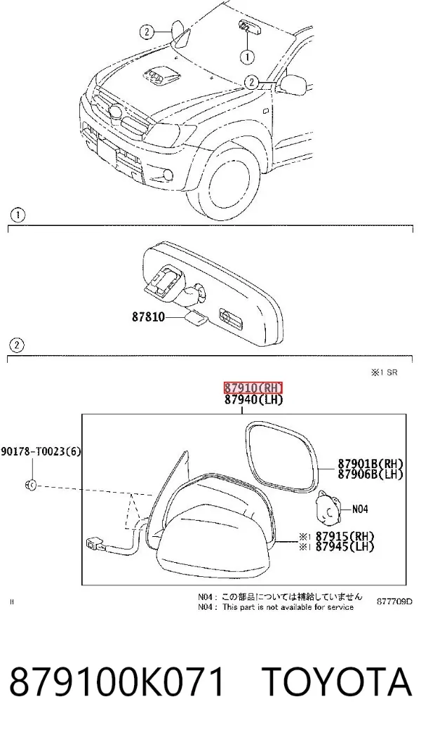 Espejo de retrovisor derecho 879100K071 Toyota