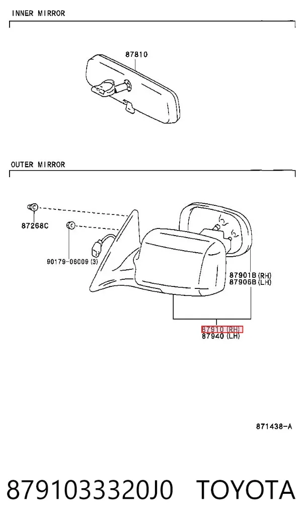 Espejo de retrovisor derecho 8791033320J0 Toyota