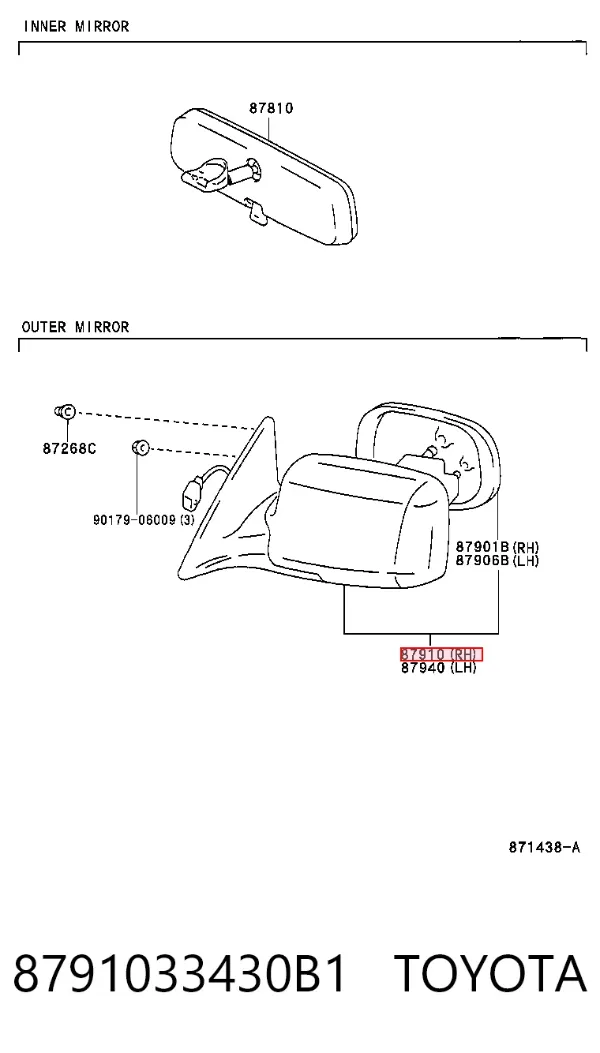 Espejo de retrovisor derecho 8791033430B1 Toyota