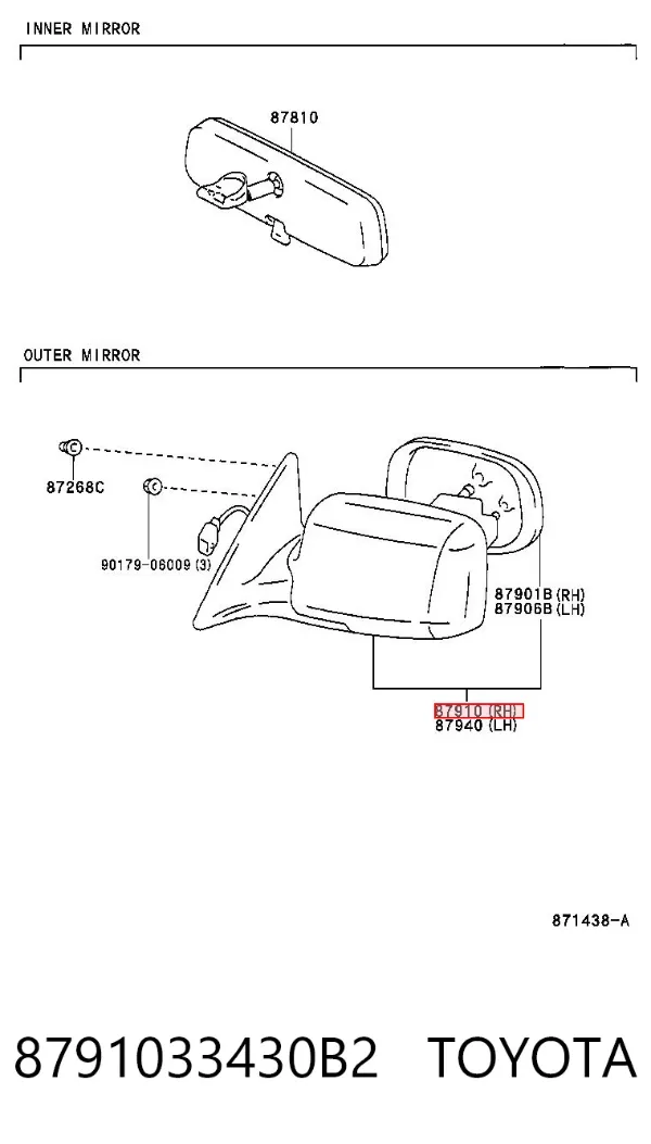 Espejo de retrovisor derecho 8791033430B2 Toyota