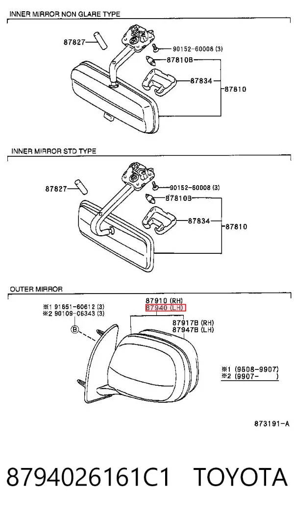 Espejo de retrovisor izquierdo 8794026161C1 Toyota