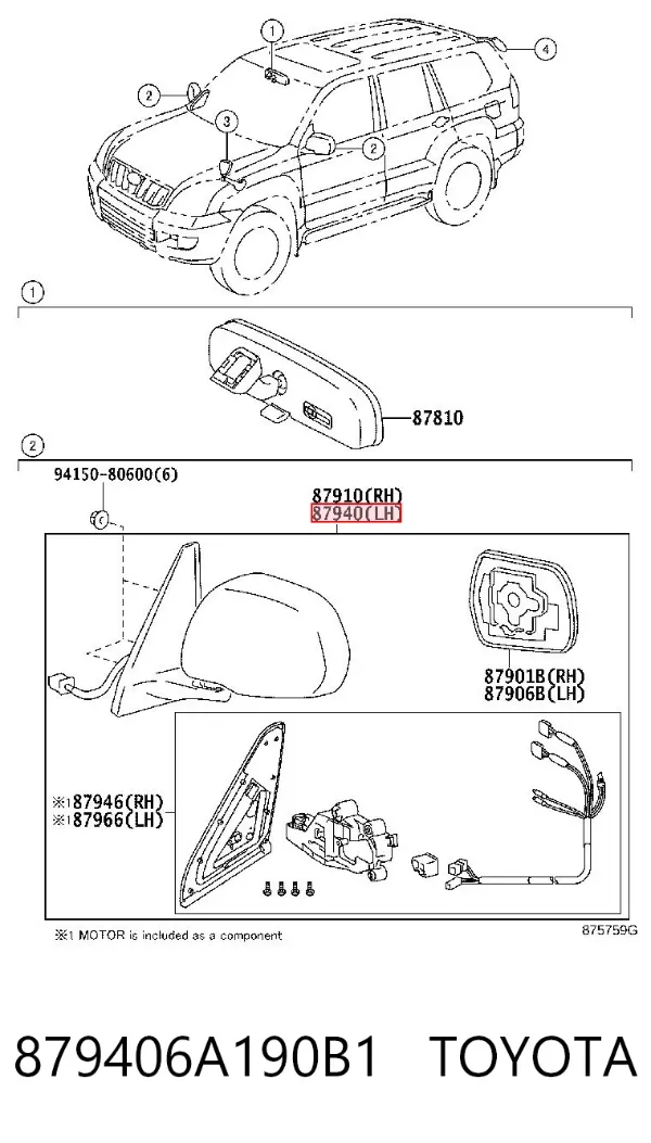 Espejo de retrovisor izquierdo 879406A190B1 Toyota