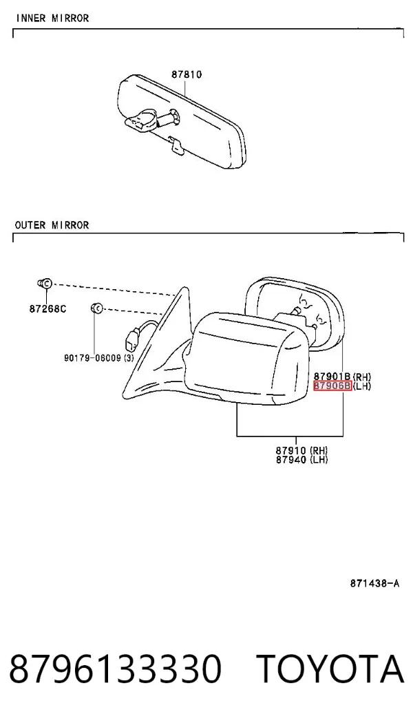 Espejo de retrovisor izquierdo 8796133330 Toyota