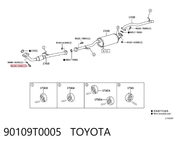 Perno del sistema de escape (silenciador) 90109T0005 Toyota