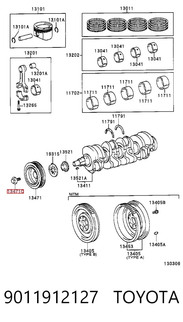 Perno de la polea del cigüeñal 9011912127 Toyota