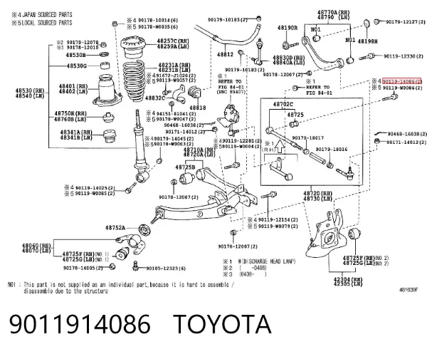 Perno de fijación del brazo inferior delantero 9011914086 Toyota