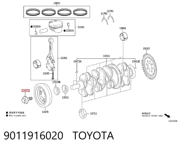 Perno de la polea del cigüeñal 9011916020 Toyota