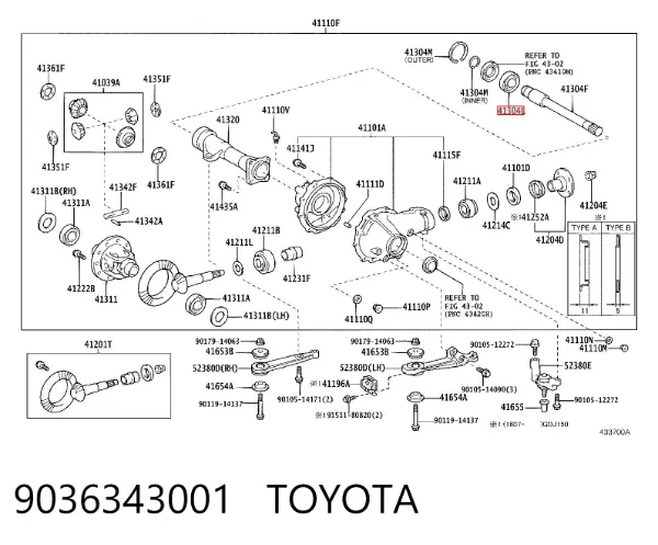 Cojinete del diferencial del eje delantero 9036343001 Toyota