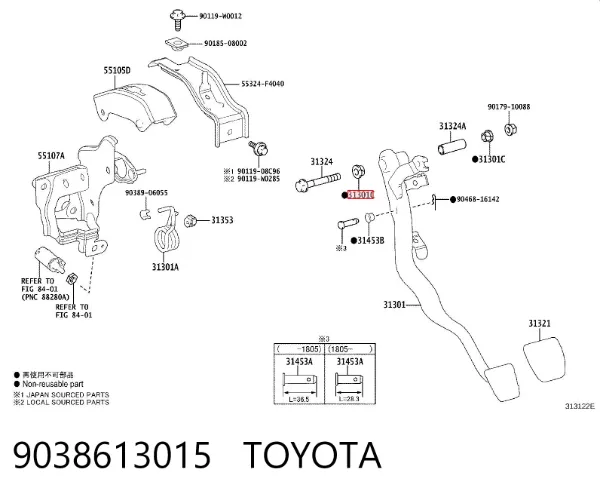 Casquillo del eje del pedal de embrague 9038613015 Toyota