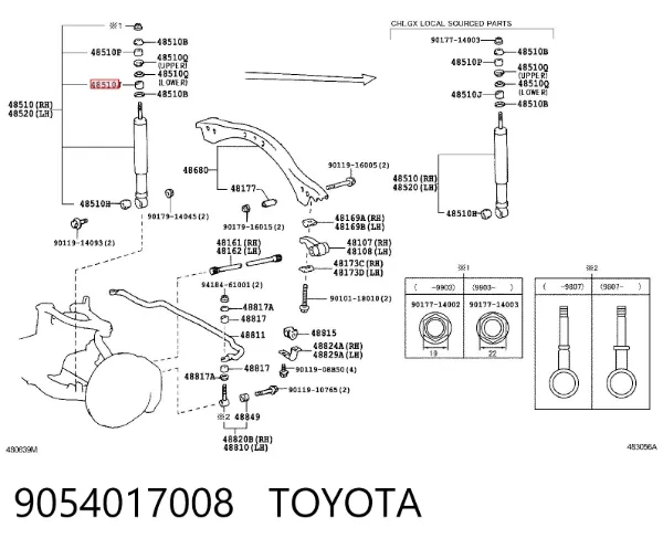Buje de vástago de amortiguador delantero 9054017008 Toyota