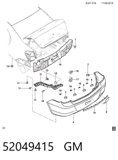 Guía derecha del parachoques trasero GM 52049415