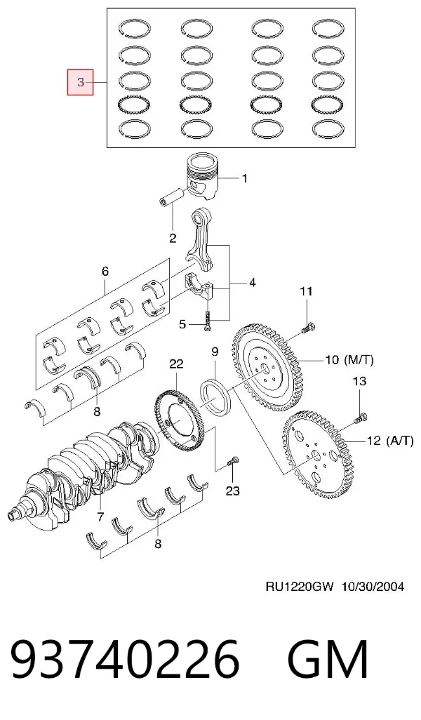 Juego de aros de pistón para motor, sobremedida (+0,25 mm) 93740226 General Motors
