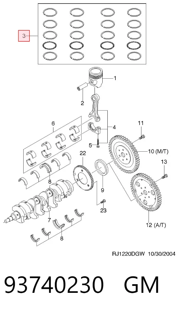 Juego de aros de pistón para motor, sobremedida (+0,25 mm) 93740230 General Motors