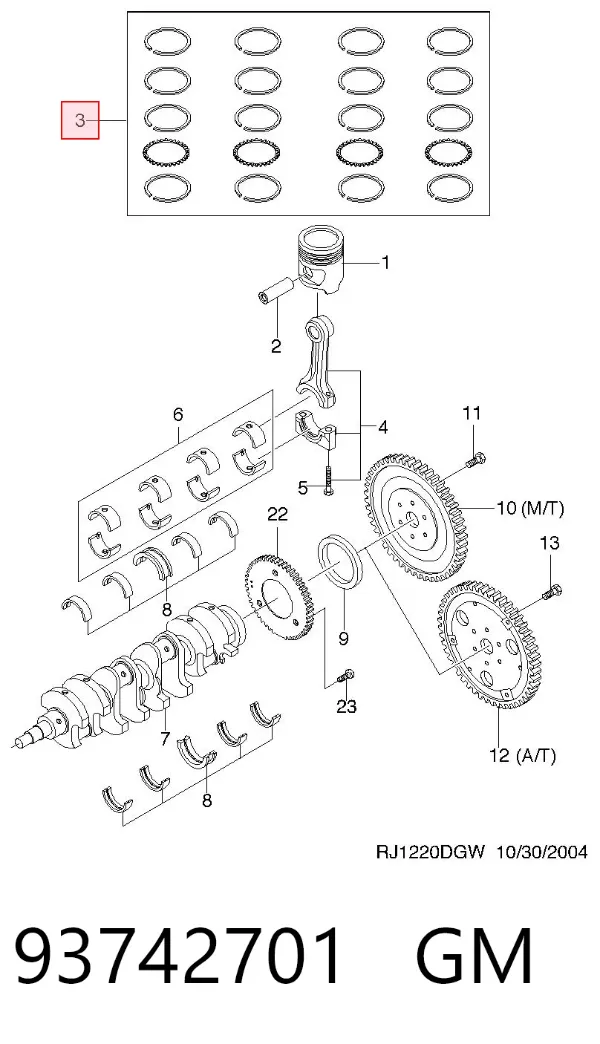 Juego de aros de pistón para motor, sobremedida (+0,25 mm) 93742701 General Motors