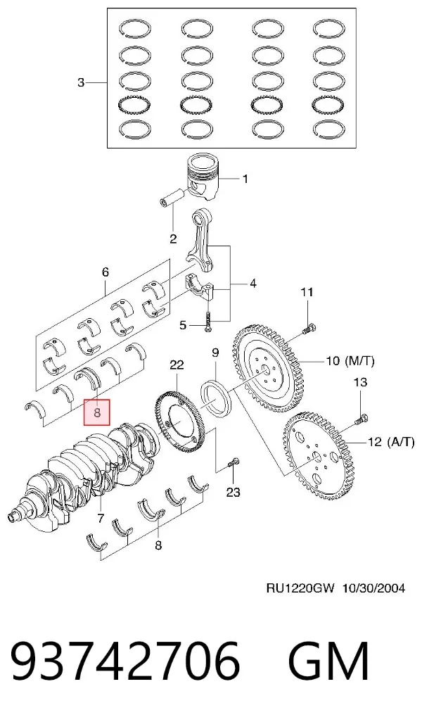 Juego de cojinetes de cigüeñal, cota de reparación (+0,25 mm) 93742706 General Motors