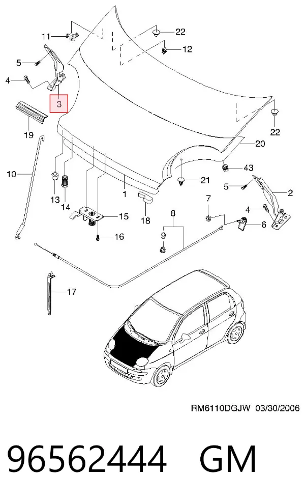 Bisagra derecha del capó 96562444 General Motors