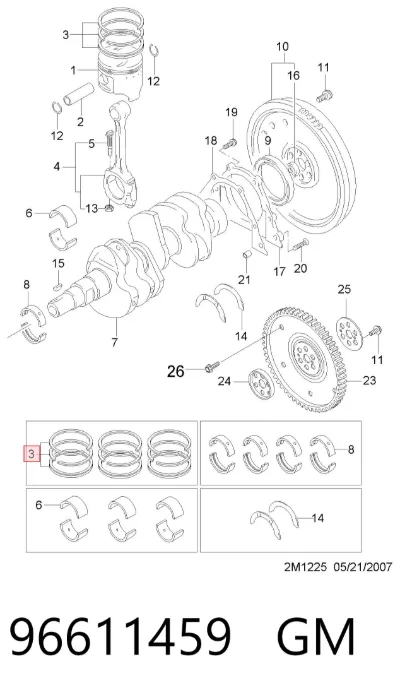 Juego de aros de pistón para motor, sobremedida (+0,25 mm) GM 96611459