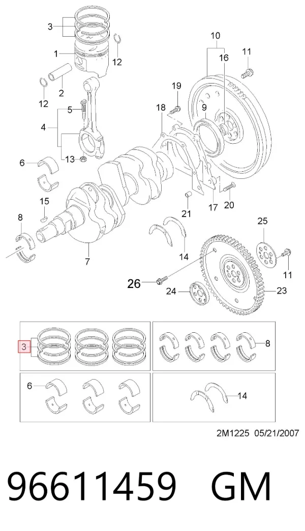 Juego de aros de pistón para motor, sobremedida (+0,25 mm) 96611459 General Motors