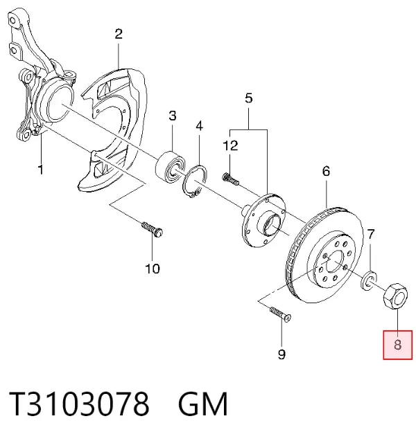 Tuerca del cubo de la rueda delantera T3103078 General Motors