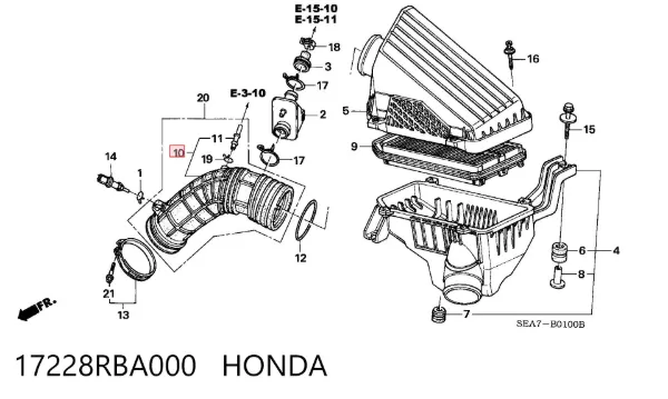 Conducto de aire, salida del filtro de aire 17228RBA000 Honda