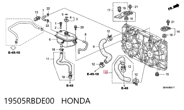 Manguera inferior del radiador 19505RBDE00 Honda