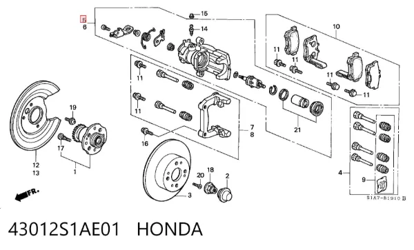 Pinza de freno trasera derecha 43012S1AE01 Honda
