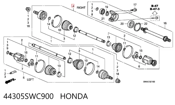 Semieje delantero derecho 44305SWC900 Honda