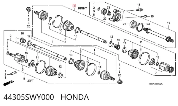 Semieje delantero derecho 44305SWY000 Honda